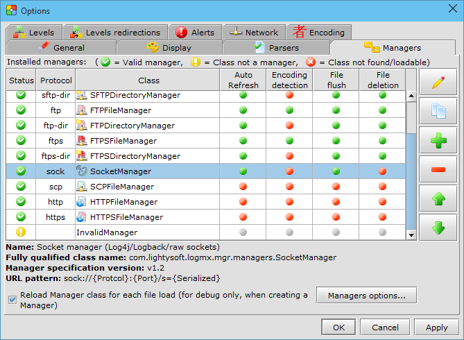 Log Managers configuration in LogMX