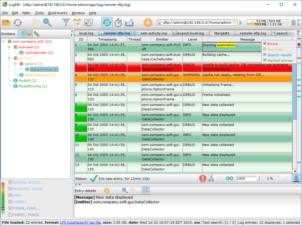 Example of entries outline (on the right)<BR/>and its popup menu to choose elements to be outlined