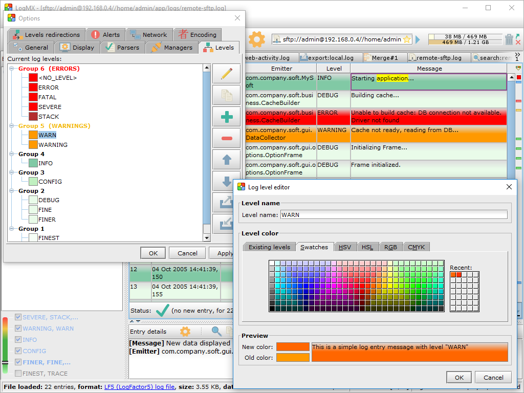 Log levels manager